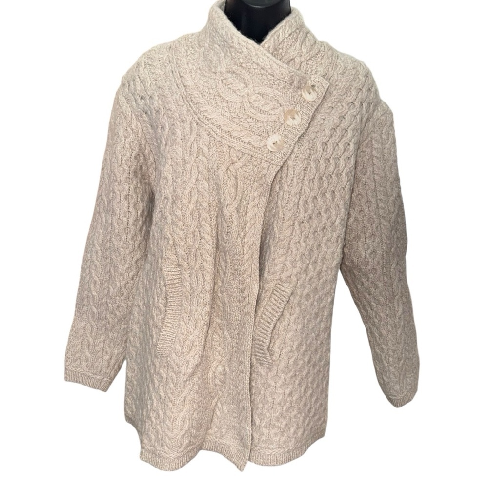 Aran Crafts Merino Wool Irish Cable Knit Cardigan Sweater Cream Women L